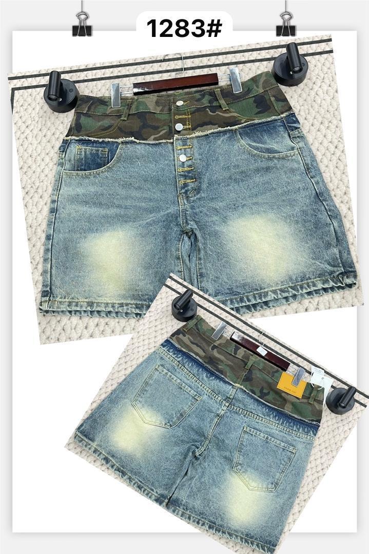 Blue denim jorts with camo waistband and button details, front and back angles.