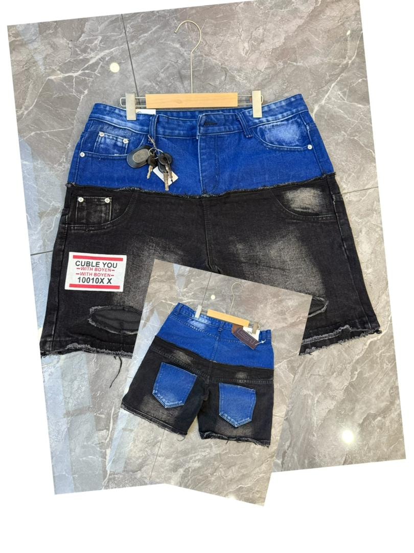 Two-tone blue upper and black lower denim shorts with patch detail and inset back view.