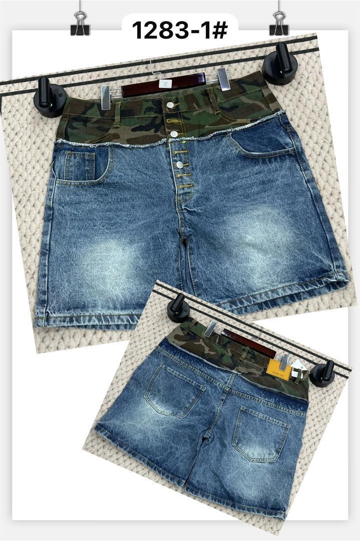 Blue denim shorts with camouflage waistband shown in front and back views.