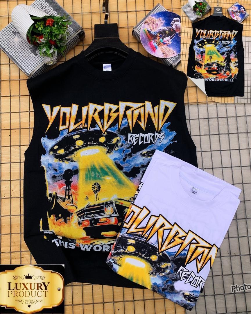 Black and white armless tees showing dramatic UFO car graphic with hell text.