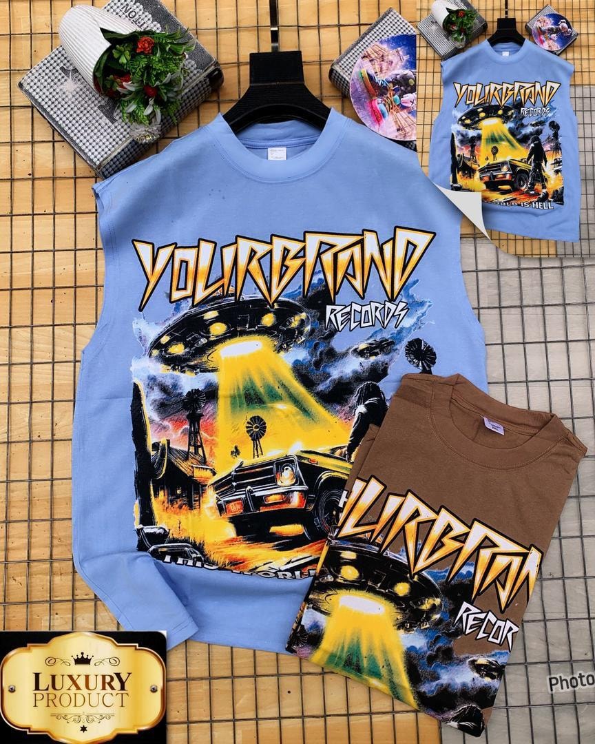 Light blue and brown armless tees with UFO abduction scene and records graphic.