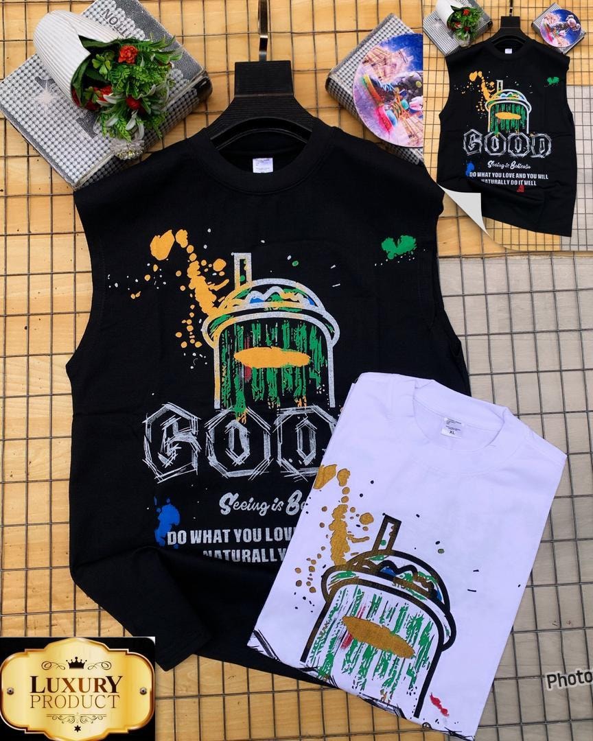 Black and white armless tees displaying dripping cup illustration with motivational quote.