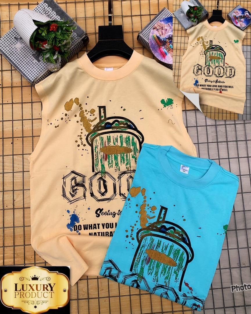 Beige and cyan armless tees with paint splash cup graphic and GOOD text.