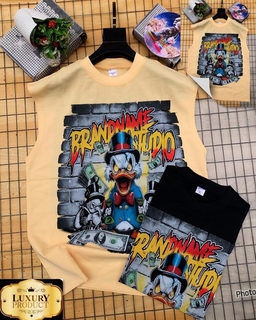 Yellow and black armless tees displaying BRANDNAME STUDIO duck and cash design.