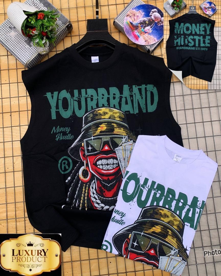Black and white armless tees with YOURBRAND money hustle graphic design.