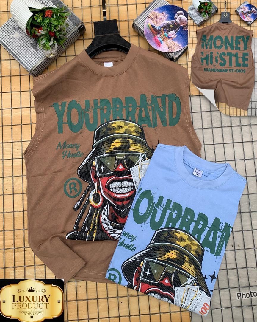 Brown and light blue armless tees featuring money hustle character in bucket hat.