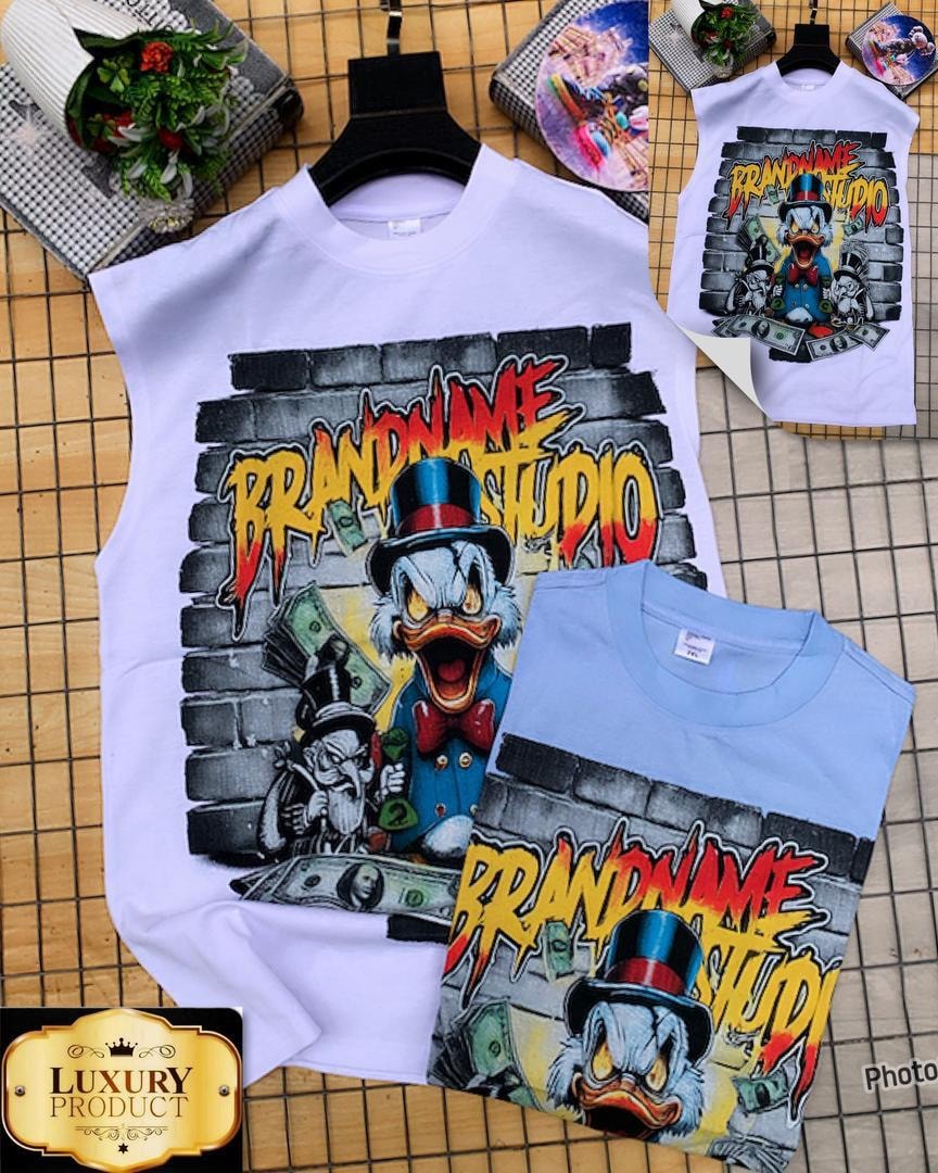 White and light blue armless tees with duck character and money graffiti graphic.