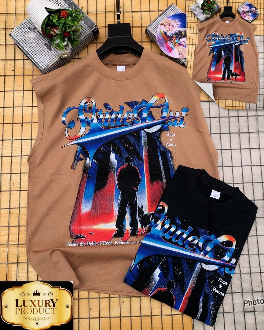 Brown and black armless tees with Stride Out text and urban night scene print.