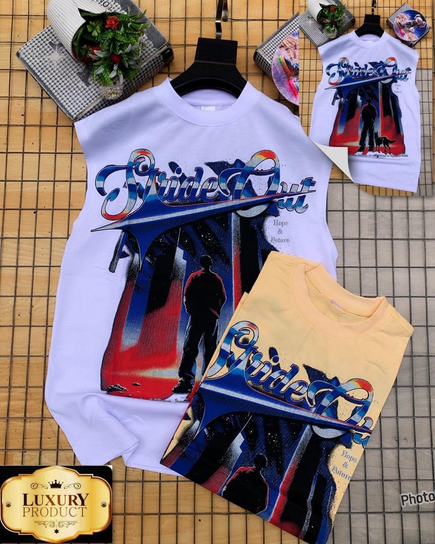 White and yellow armless tees showing Stride Out graphic with silhouette and dog illustration.