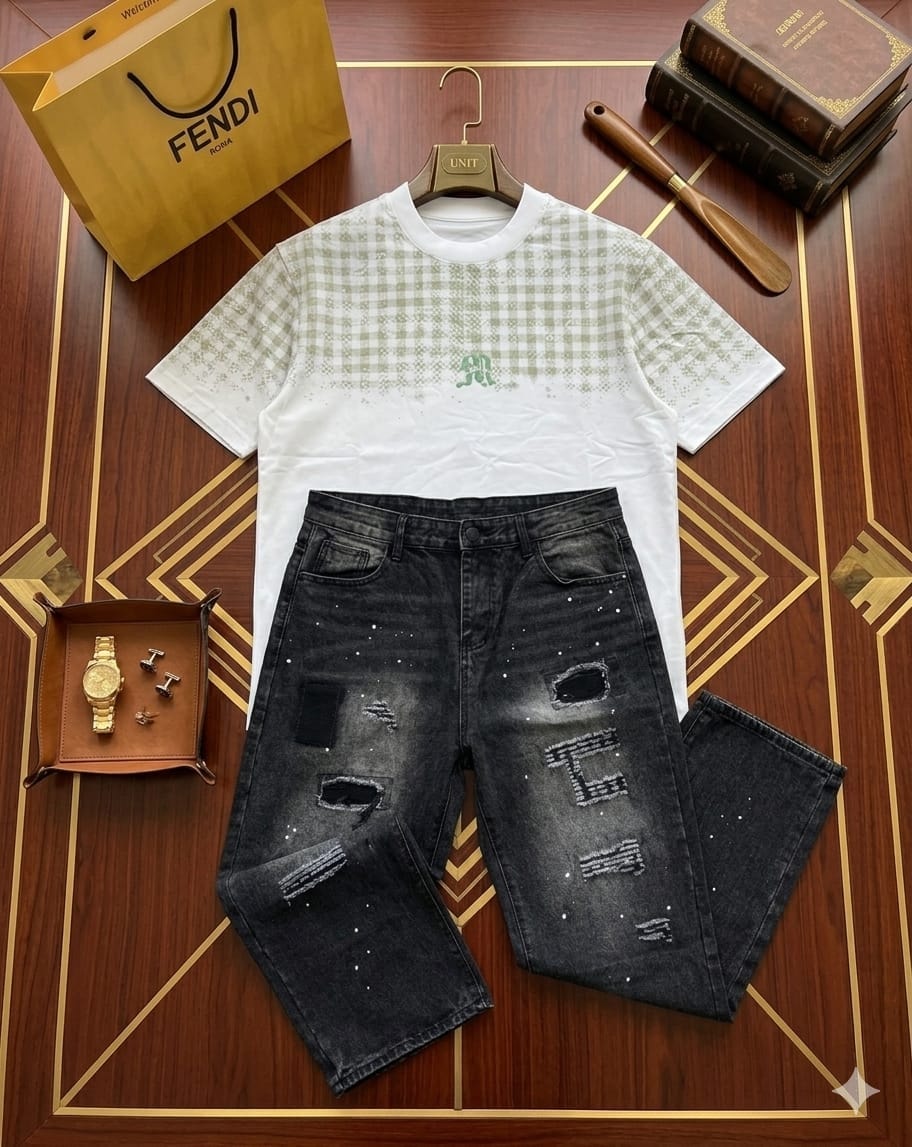 White and green gingham t-shirt paired with distressed black jeans displayed with accessories and Fendi bag.
