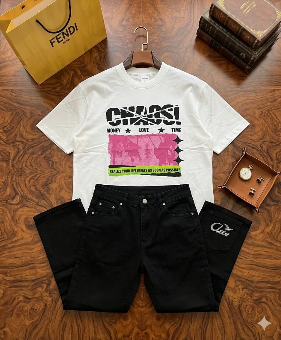 White t-shirt with Chaos graphic and black denim shorts shown flat lay with Fendi bag and accessories.