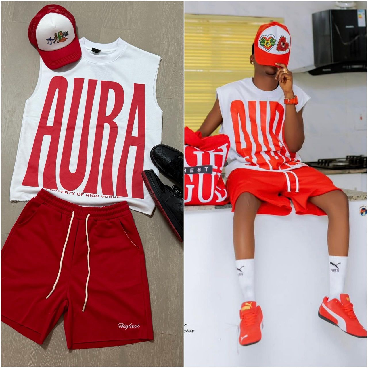 Flat lay of white sleeveless top with red AURA graphic, red shorts, red and white cap and yellow sneakers beside model wearing red shorts set.