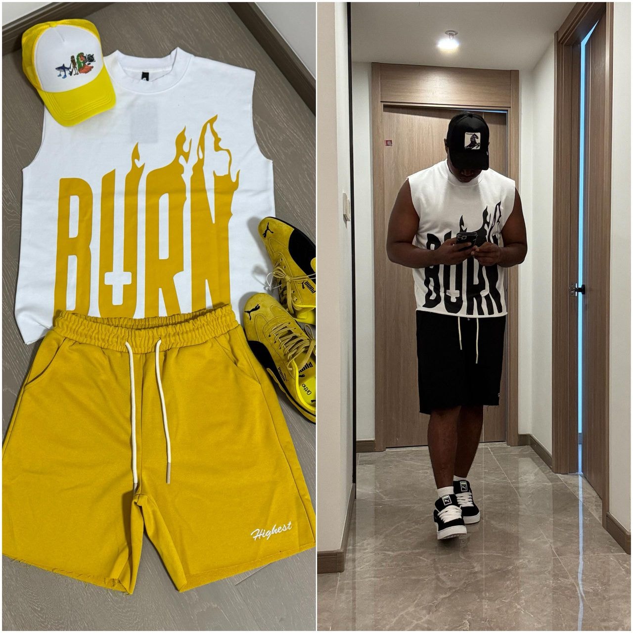Flat lay of white sleeveless top with yellow BURN flame graphic, yellow shorts, yellow cap and yellow sneakers next to model in black version.