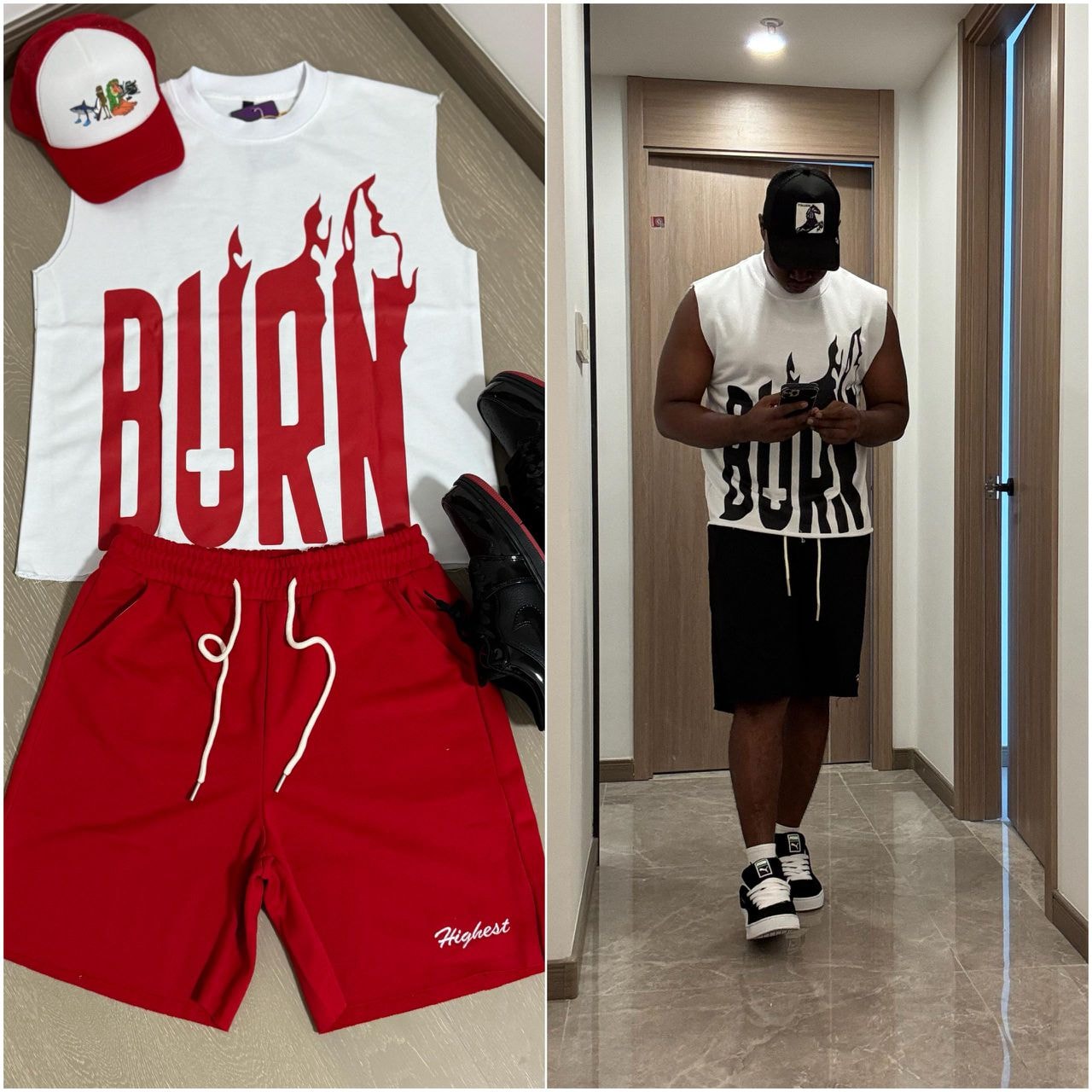 Flat lay of white sleeveless top with red BURN flame graphic, red shorts, red cap and black sneakers next to model in black version.
