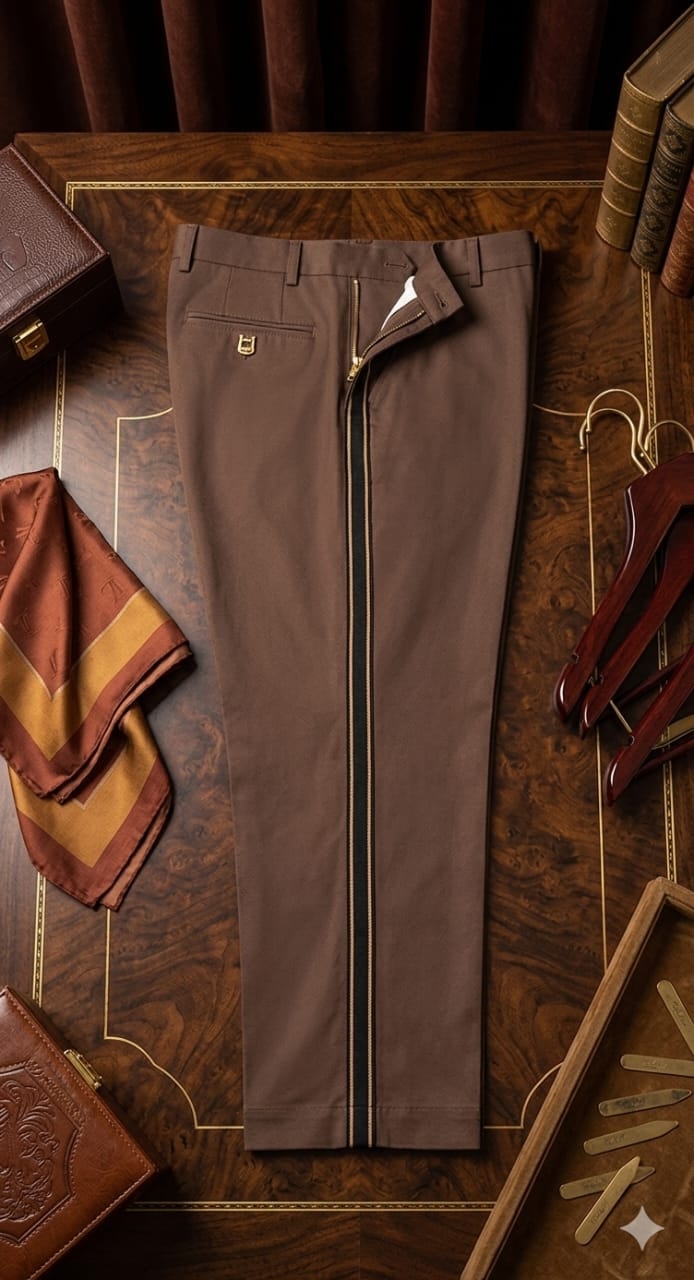 Brown pleated pencil trousers displayed on wooden table with luxury accessories.