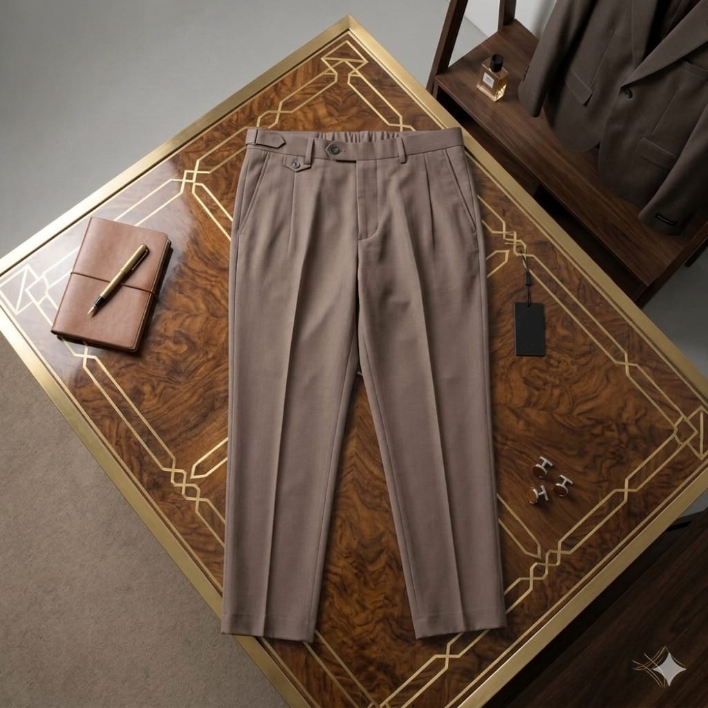 Tan pleated pencil trousers displayed on wooden table with luxury accessories.