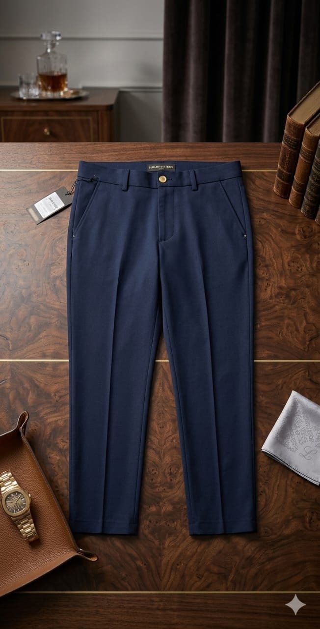 Navy pleated pencil trousers displayed on wooden table with luxury accessories.