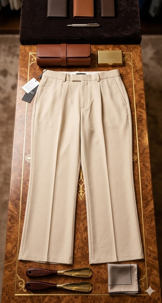 Beige pleated pencil trousers displayed on wooden table with luxury accessories.