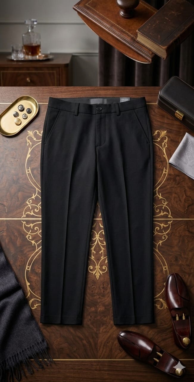 Black pleated pencil trousers displayed on wooden table with luxury accessories.