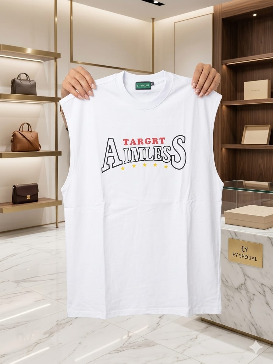 White sleeveless top with TARGRT AIMLESS stylized text graphic and stars.