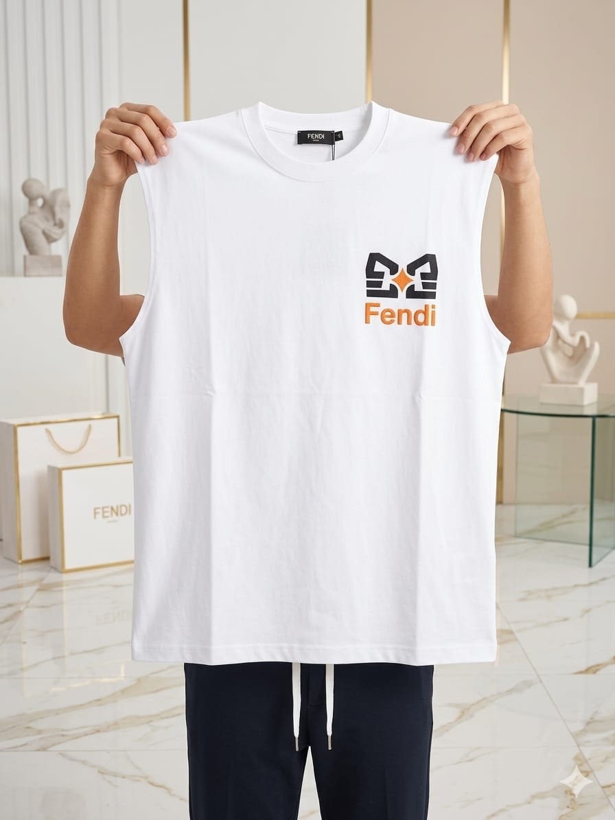 White sleeveless top with black and orange Fendi-style logo print on chest.