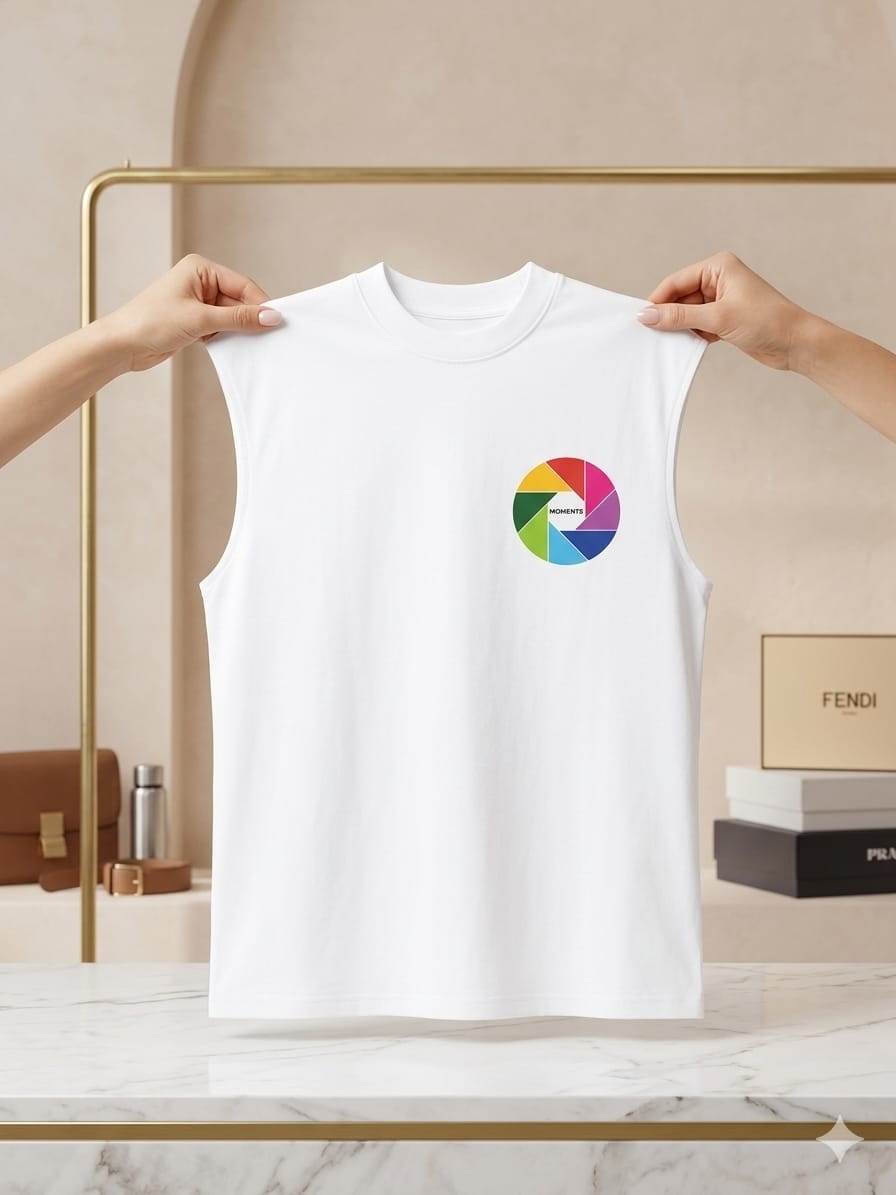 White sleeveless top held up showing colorful circular wheel graphic on chest.