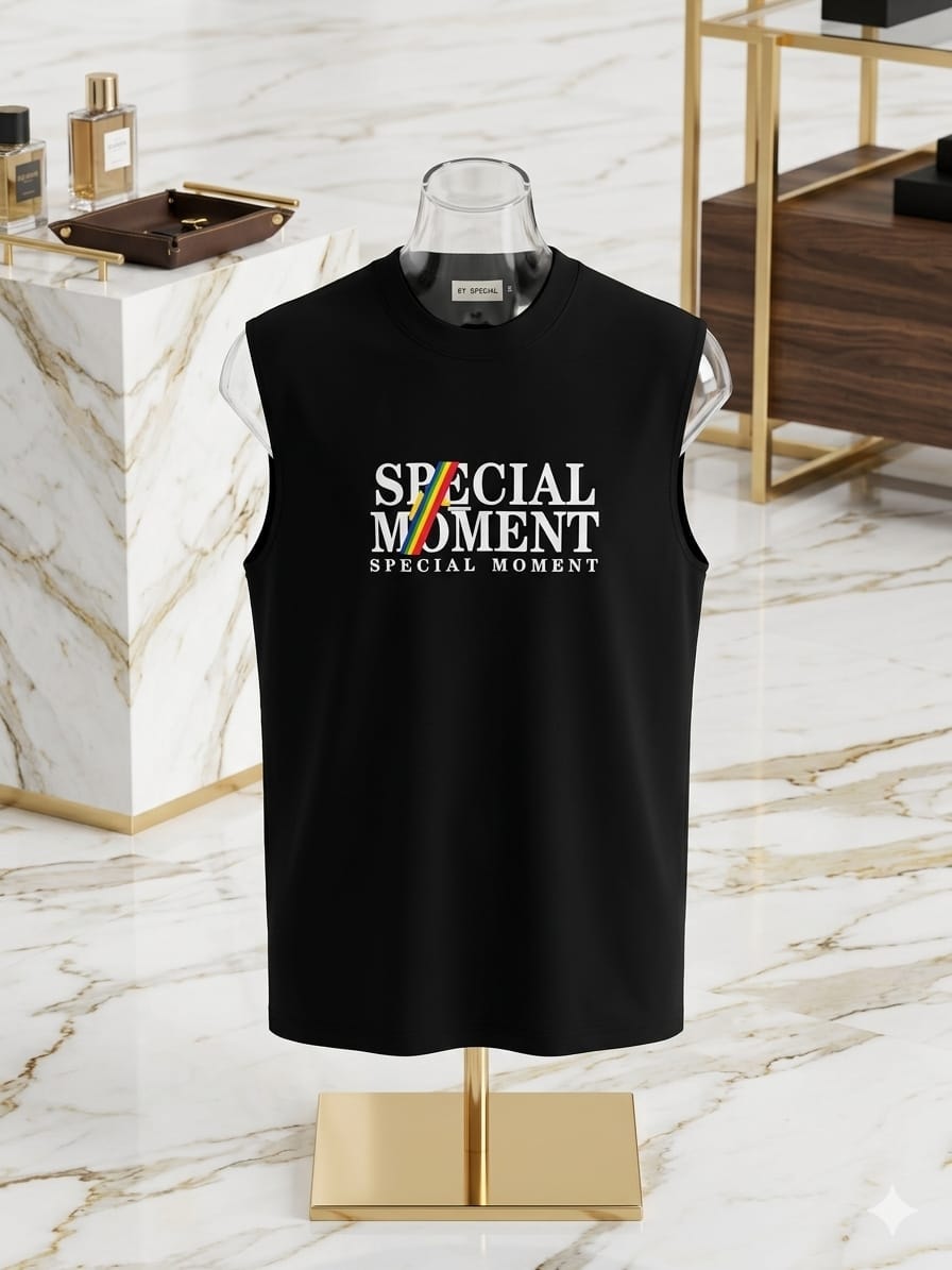 Black sleeveless top with SPECIAL MOMENT rainbow graphic print on chest.