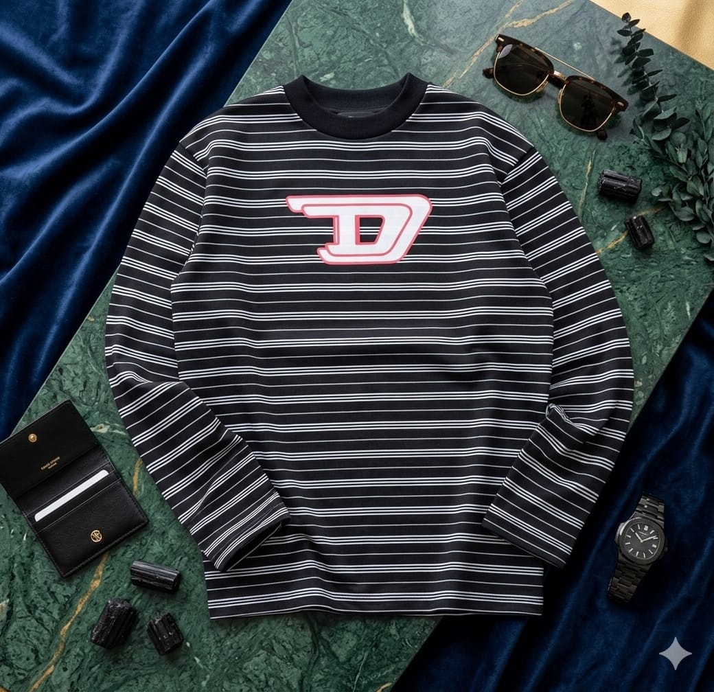 Black and white striped long-sleeve top with large D logo on chest.