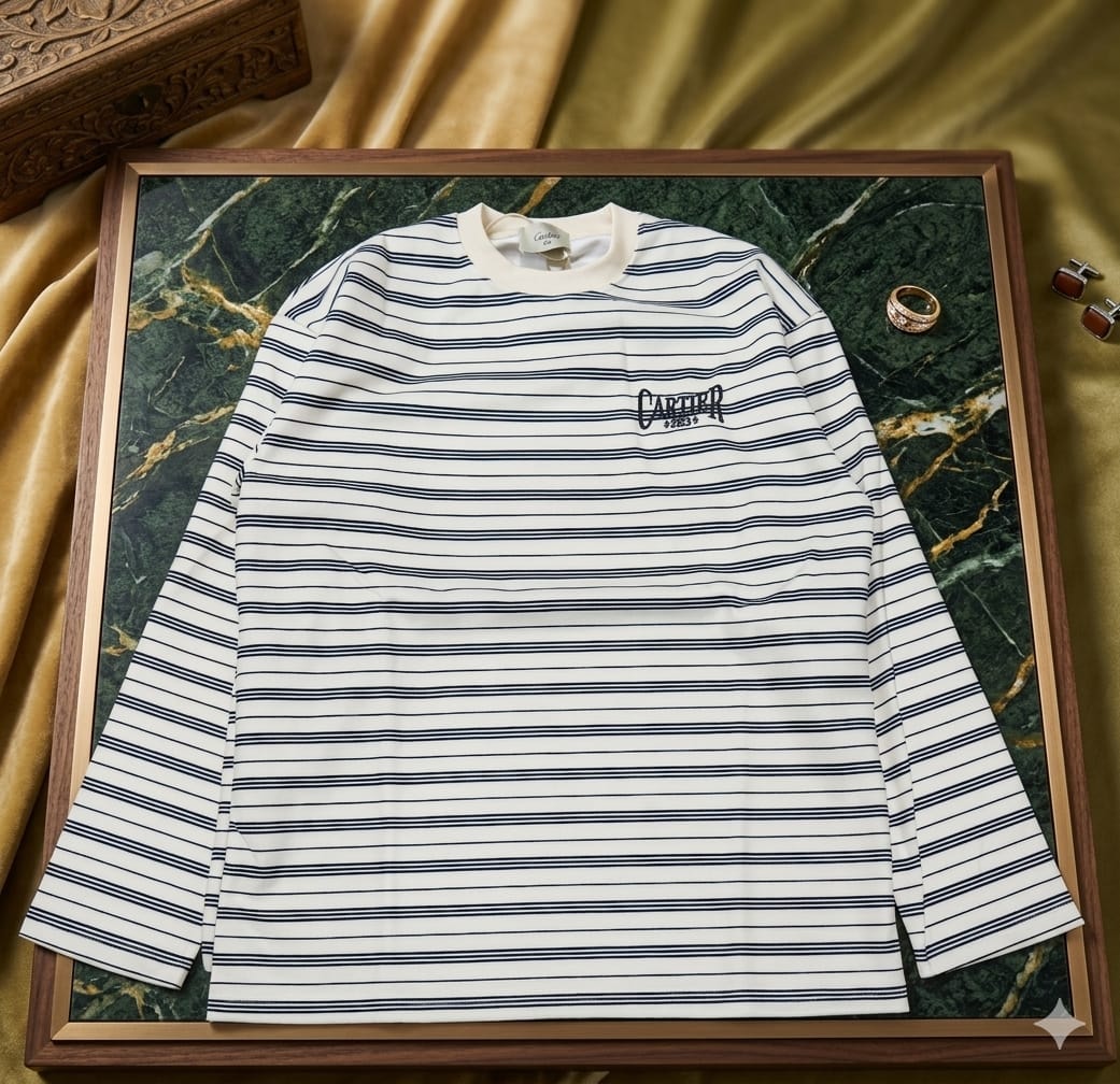 White and blue striped long-sleeve top with Cartier Paris embroidery on chest.