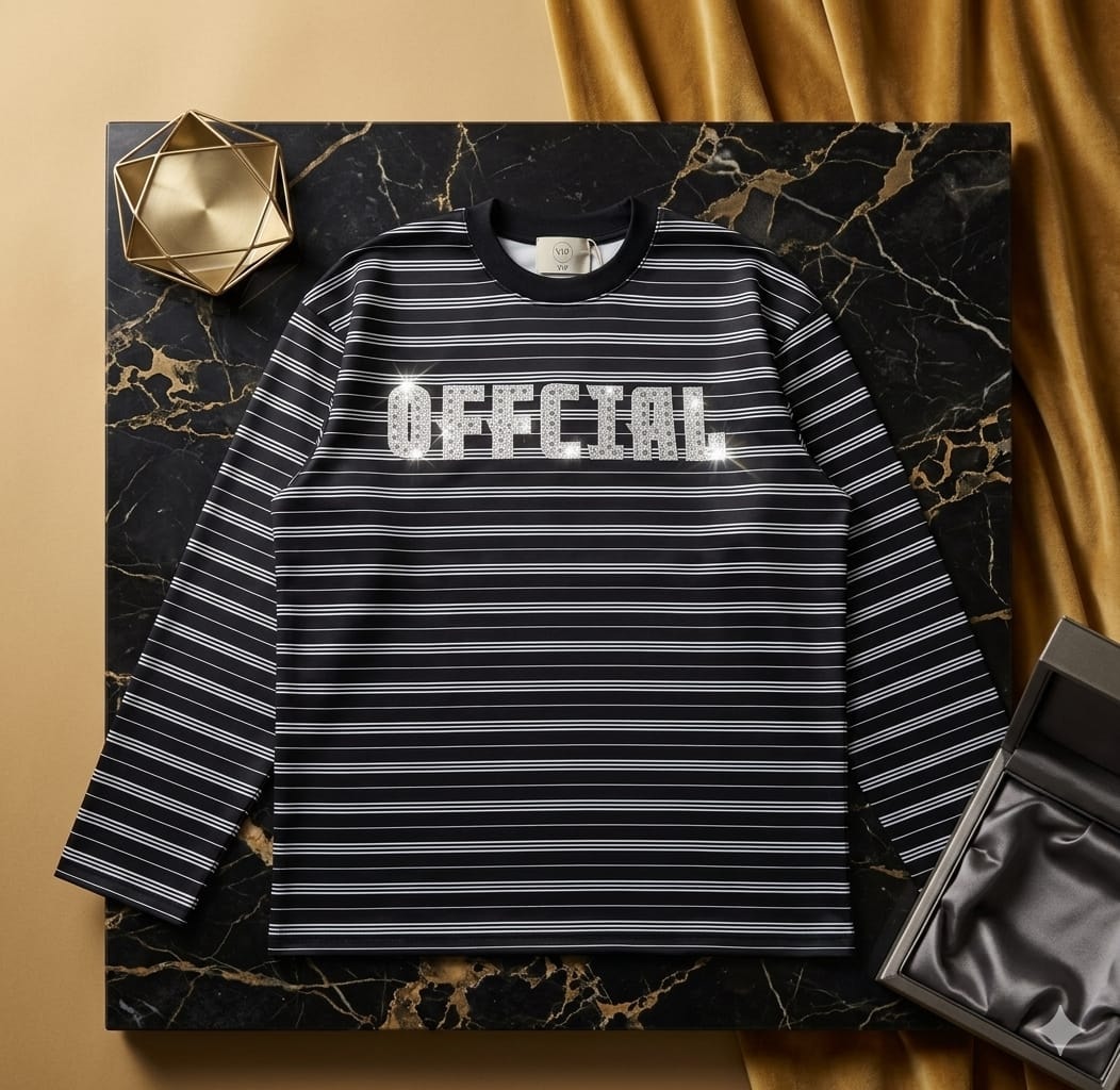 Black and white striped long-sleeve top with sparkling OFFICIAL text across the chest.