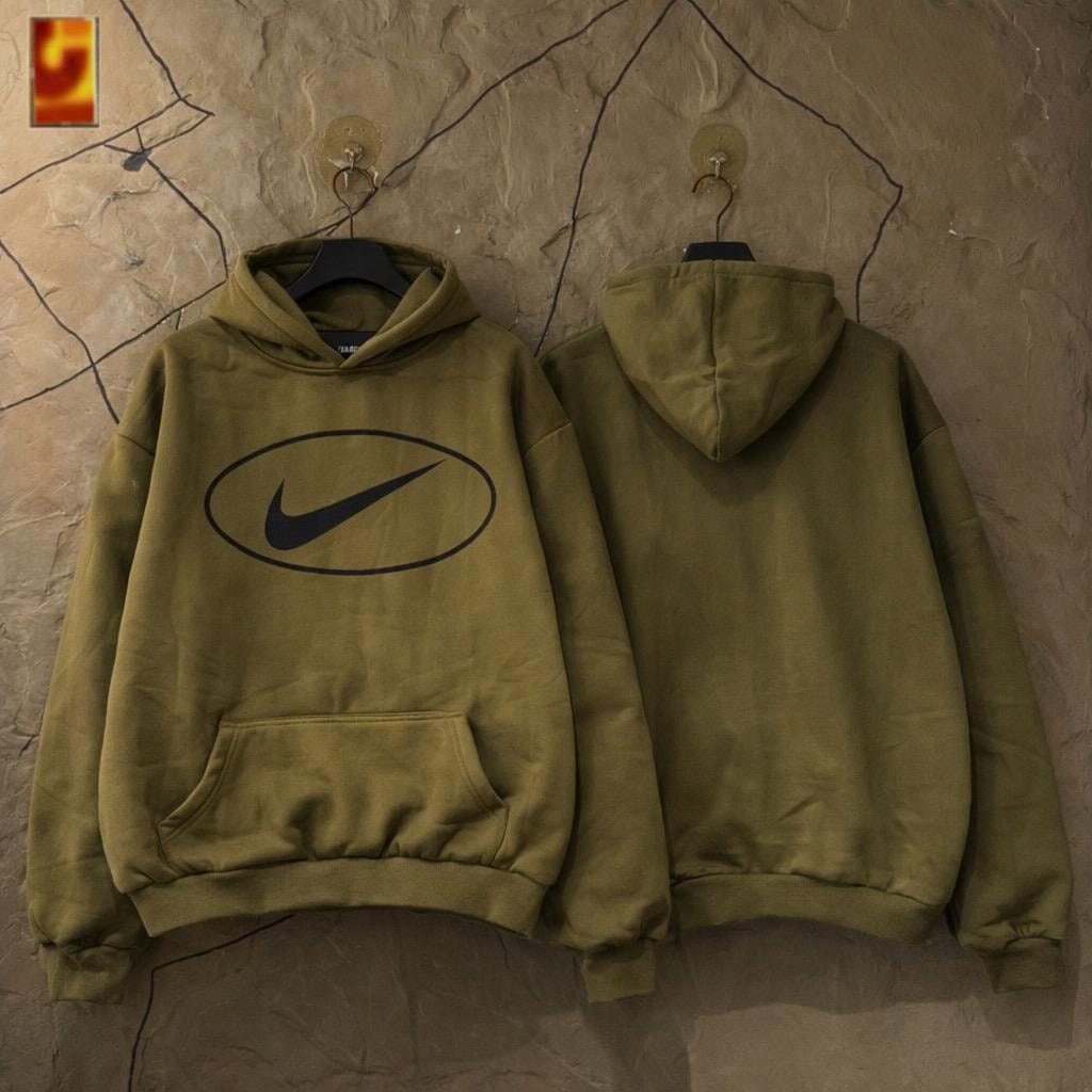 Olive green hoodie with black oval Nike logo shown from front and back on hangers.