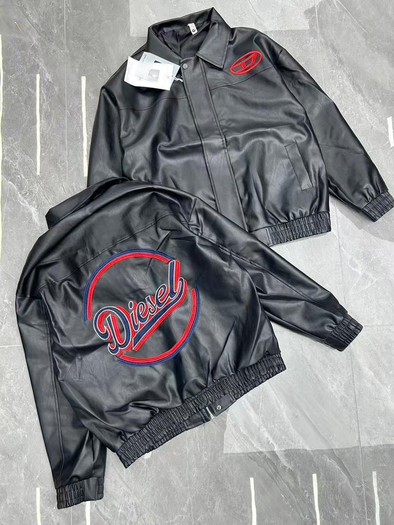 Black Diesel leather bomber jacket shown in front and back views with logos.