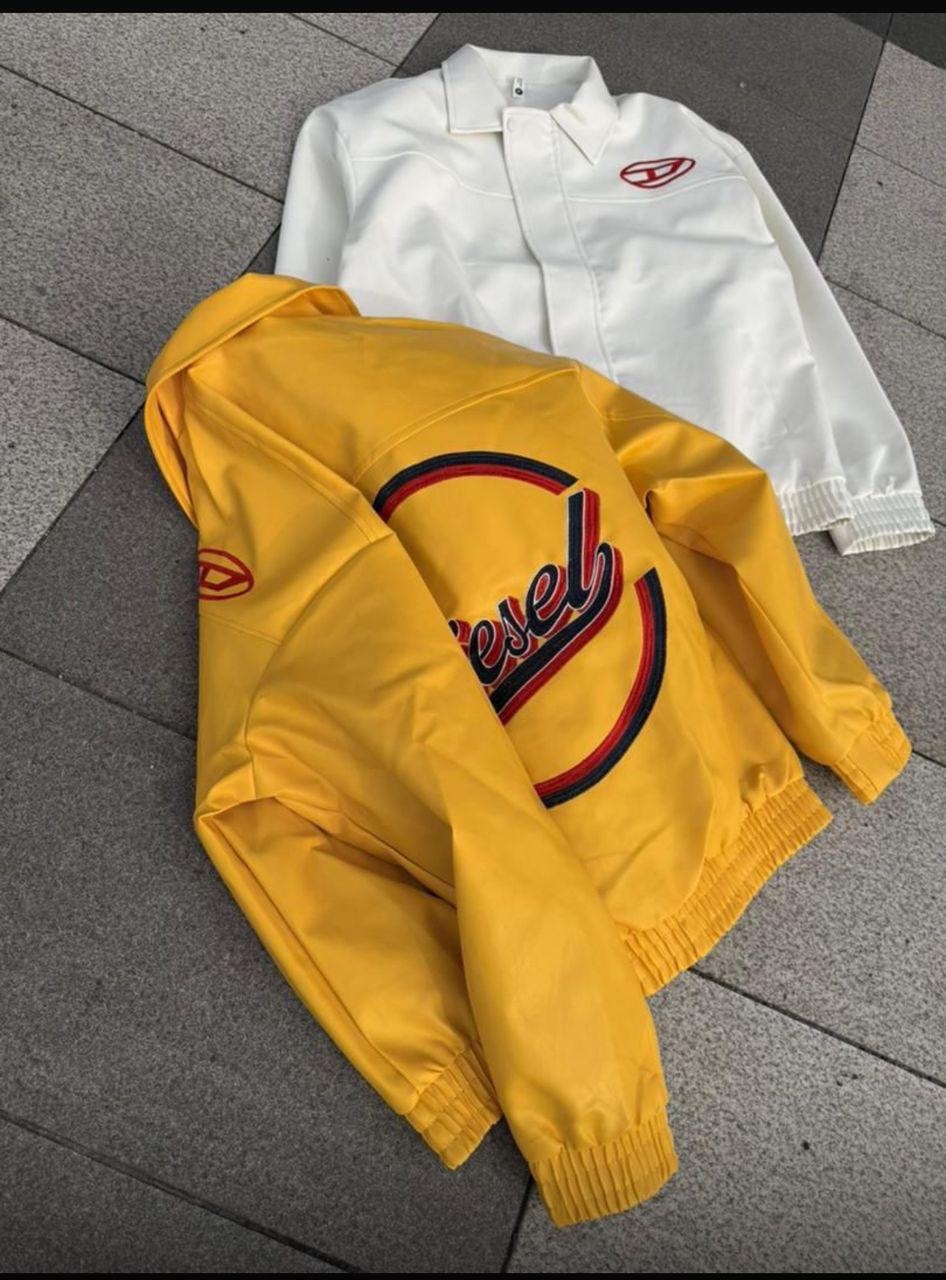 Yellow and white Diesel leather bomber jackets displayed together.