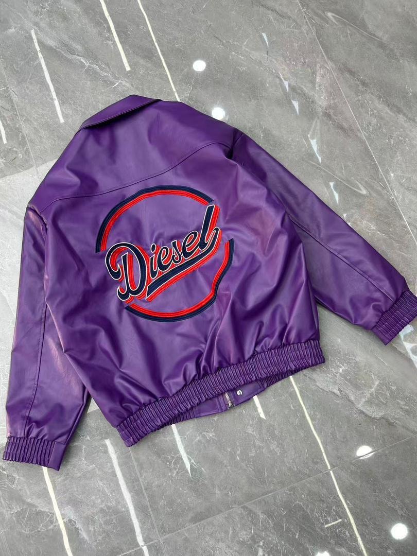 Back view of purple Diesel leather bomber jacket with circular logo embroidery.