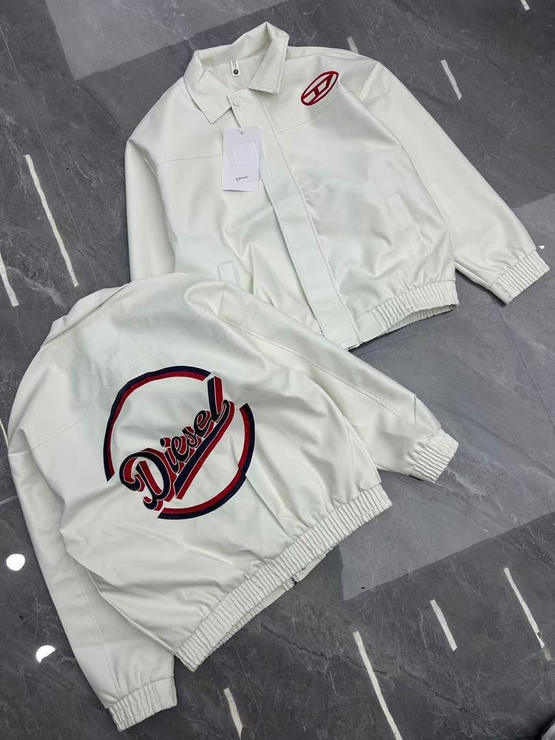 White Diesel leather bomber jacket shown in front and back views with logos.
