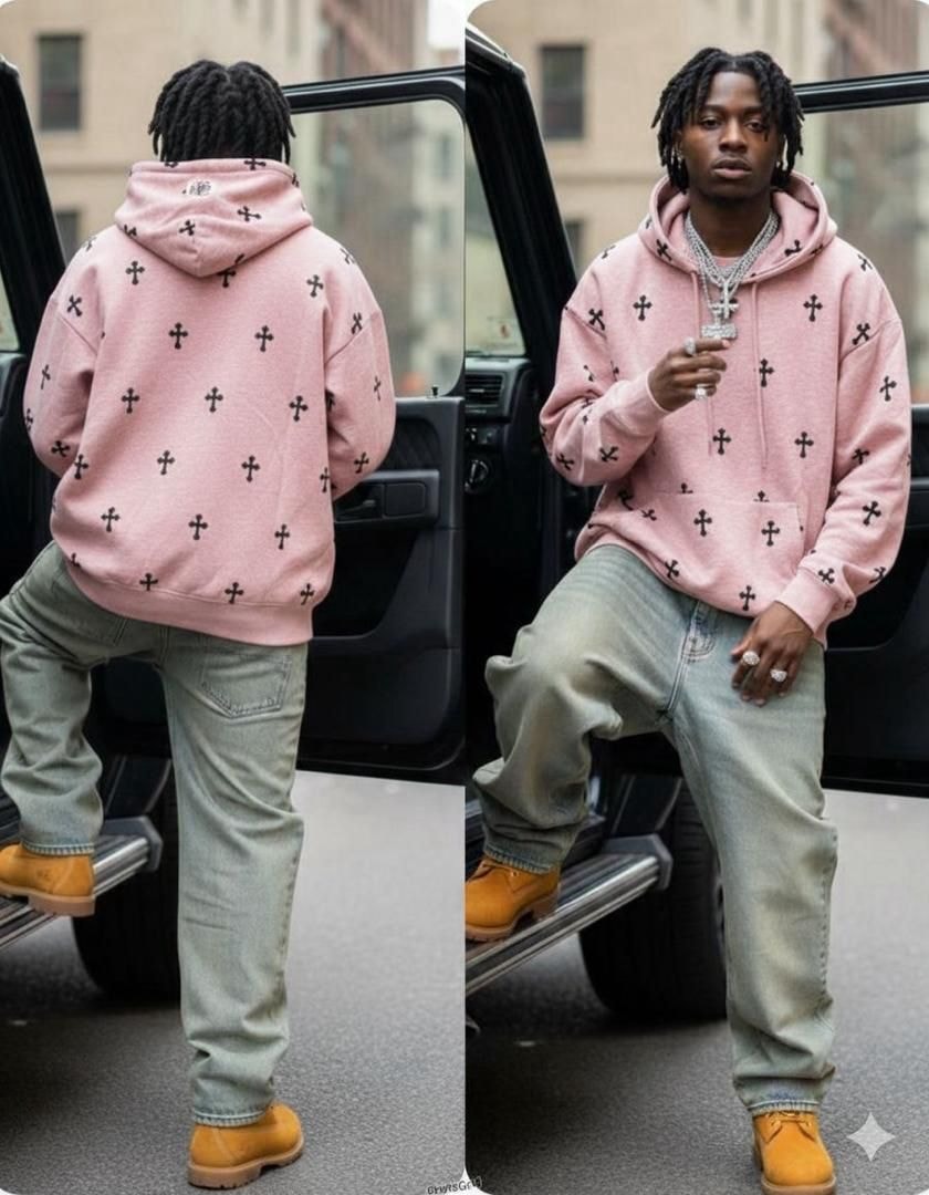Pink all-over cross print hoodie modeled from back and front angles.