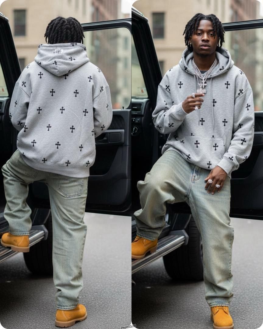 Gray all-over cross print hoodie modeled from back and front angles.