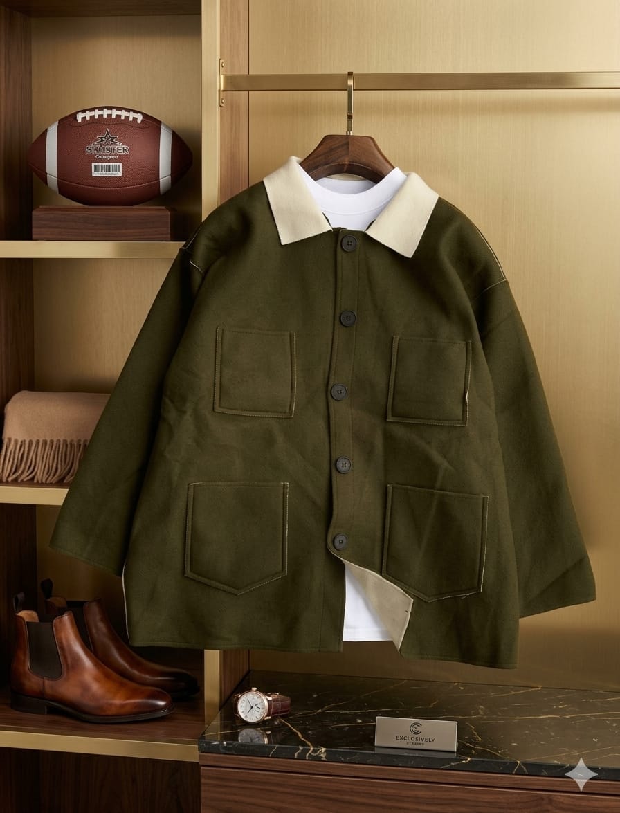 Olive green button-up jacket hanging in stylish wooden closet setting with accessories.