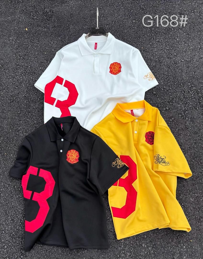 White, black, and yellow polo shirts arranged to display full design and color options.