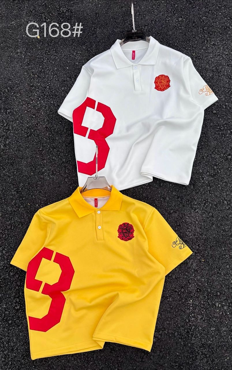 White and yellow polo shirts with large red number 3 and red chest embroidery.