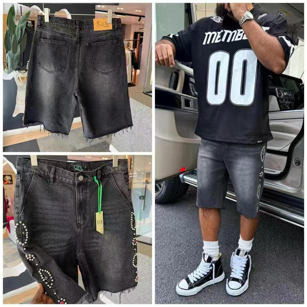 Collage showing black denim shorts with side pearl embellishments, back views and model lifestyle shots.