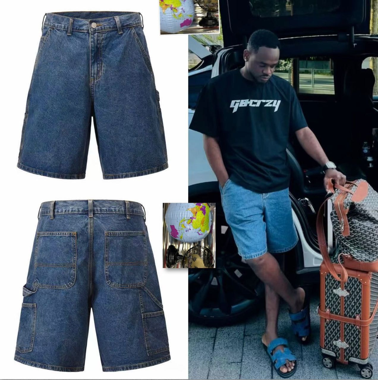 Front and back views of blue denim cargo shorts with lifestyle model wearing lighter blue pair.