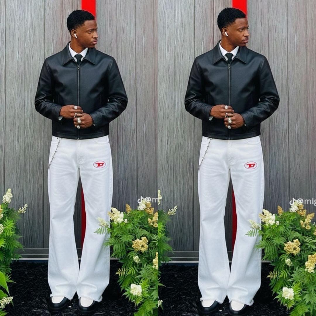 Man wearing white baggy jeans with red logo patch and silver chain detail, shown in two poses.