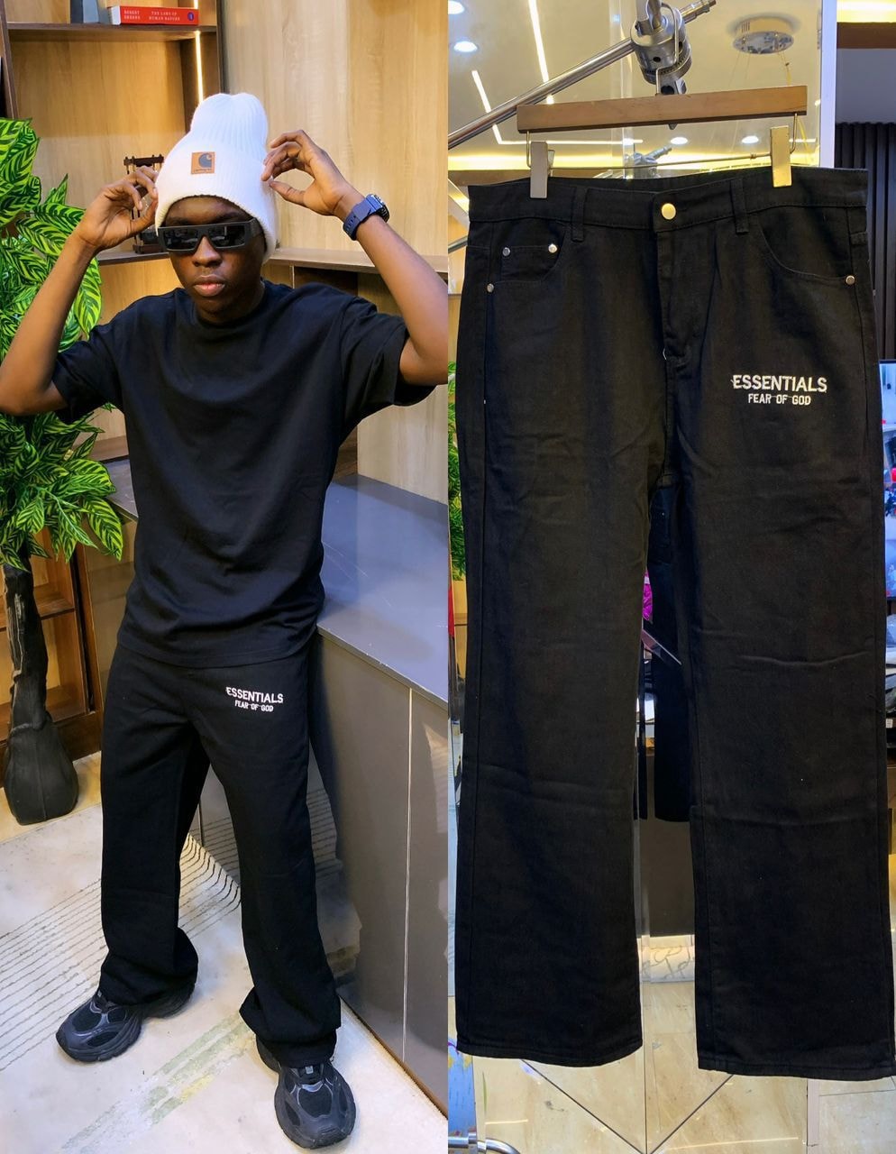 Black baggy jeans with ESSENTIALS FEAR OF GOD text print shown on model and as flat lay.