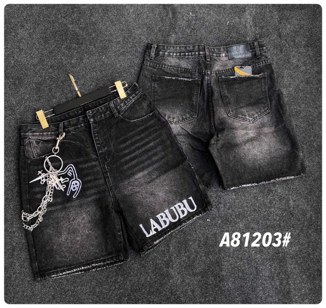 Black denim shorts with LABUBU text, character patch, chain accessory, and back view.