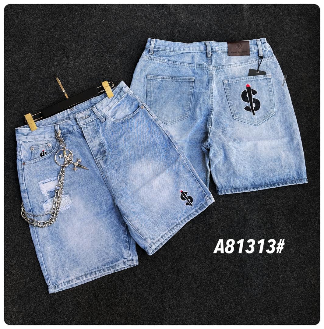 Front and back views of light wash jorts featuring dollar signs, distressing, and accessories.