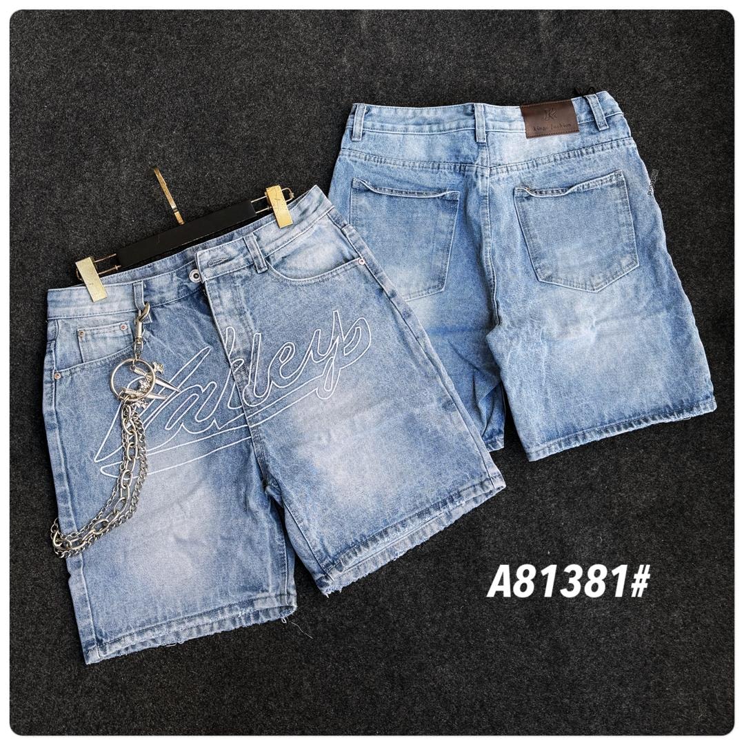 Light blue denim jorts showing front script logo, attached chain, and rear pocket details.