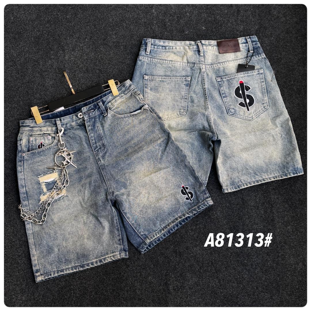 Light blue denim shorts with dollar sign embroidery on leg and back pocket, plus chain with cross pendant.