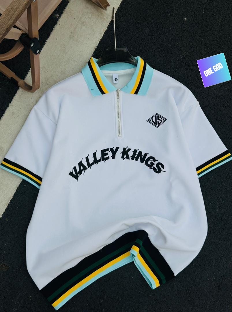 White Valley Kings quarter-zip polo shirt on dark surface.