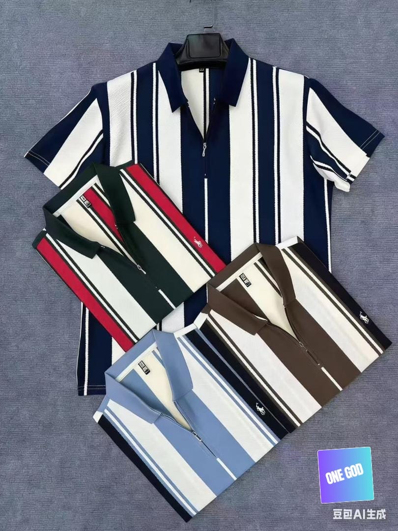 Four striped zip polo shirts in navy, red, green and blue combinations on gray background.